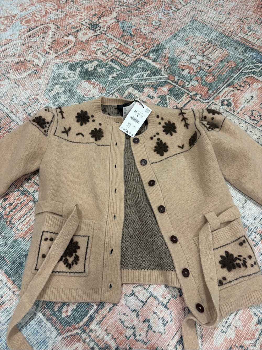 Zara Beige Knit Cardigan with Dark Floral Embroidery